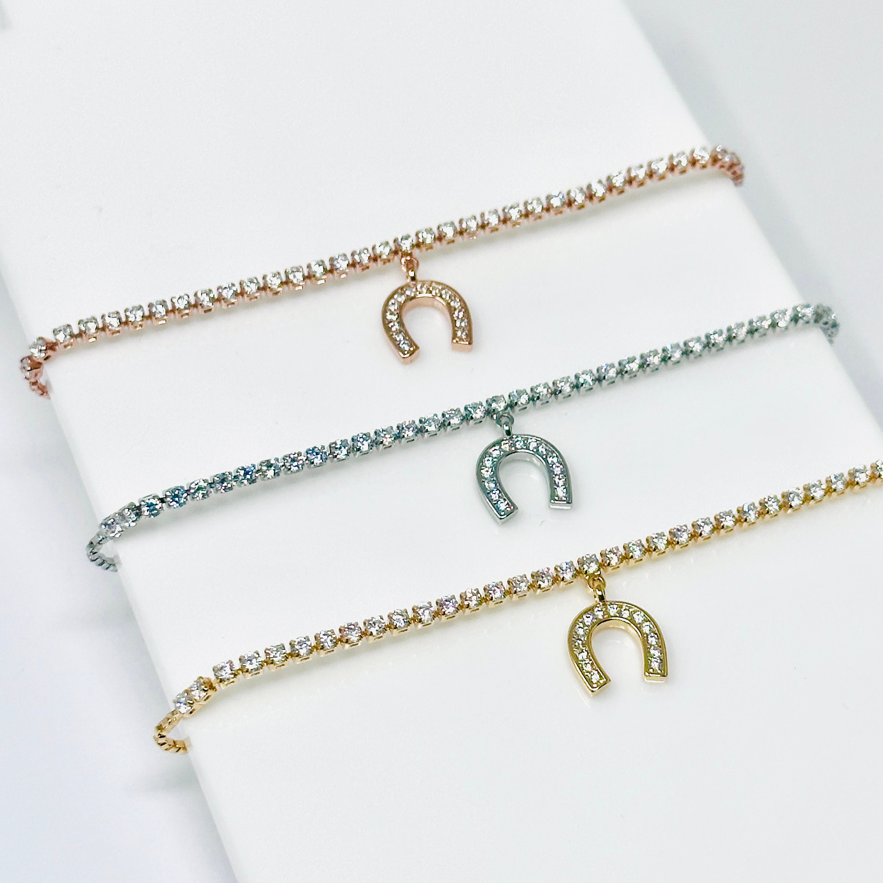 Lucky Horse shoe Sparkly Slider Adjustable Bracelet Horse Lover, Horse Gift Silver and Rose Gold, Equestrian Gift, Adjustable Bracelet