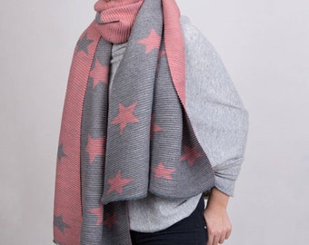 Stars Ribbed Reversible Blanket Scarf, Snugly Scarf, Winter Fashion Scarf