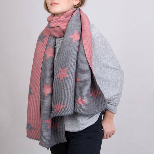 Stars Ribbed Reversible Blanket Scarf, Snugly Scarf, Winter Fashion Scarf