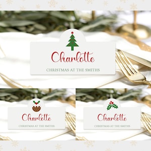 Tarjetas de lugar de Navidad personalizadas, tarjetas de nombre de lugar de colores, tarjetas de lugar festivo, decoración de mesa de Navidad, configuración de cena de Navidad