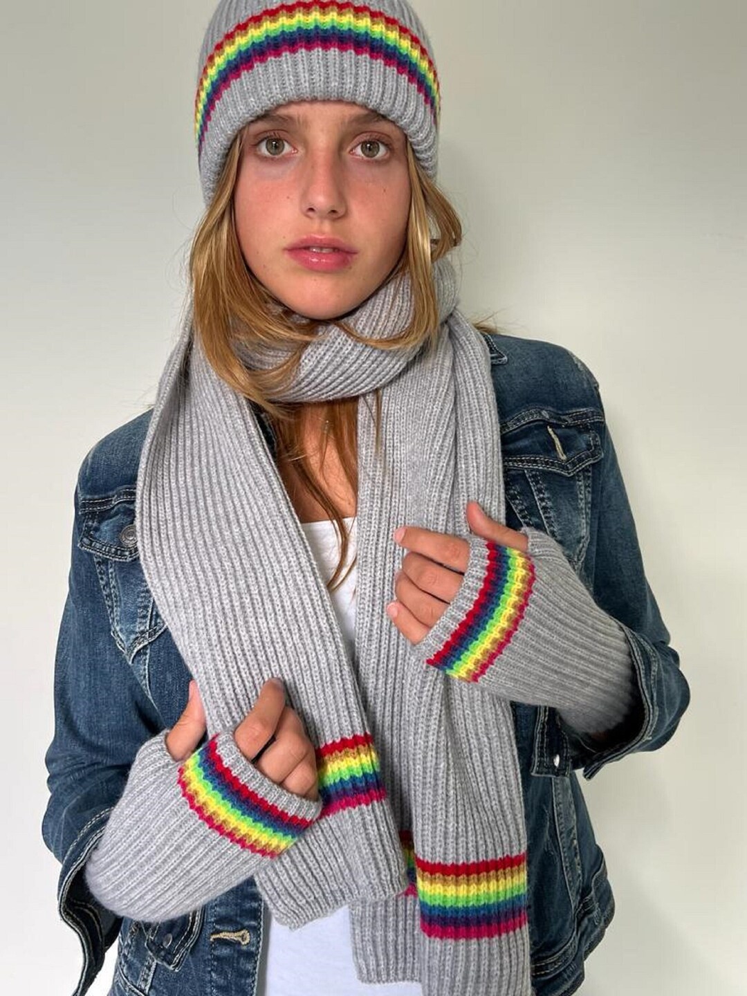 【BAON】Ringji Stripe Wool Knit Scarf Set Chelsey Wool Knit Scarf with Pencil Stripes and Fringe