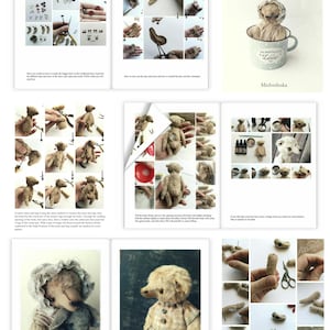 May include: A step-by-step guide to making a teddy bear. The guide includes images of the process, from cutting out the fabric to sewing the pieces together. The guide also includes a title page with the text "The Secret Language of Teddy Bears" and the word "Medvedushka".