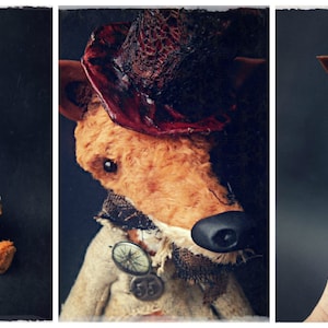 May include: A handmade plush fox toy wearing a vintage-style hat and a waistcoat with intricate details. The fox has brown and orange fur and a long, bushy tail.