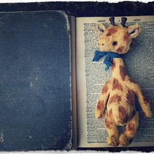 Puede incluir: Un juguete de peluche de jirafa con una bufanda azul, acostado sobre un libro abierto con la palabra "Ability" visible en la página. La jirafa es de color marrón claro con manchas marrones oscuras y tiene una expresión amigable.