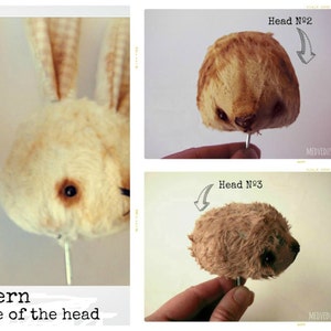 Puede incluir: Tres tipos diferentes de cabezas de conejo para un proyecto de animal de peluche. Las cabezas están hechas de tela y son de varios colores, incluyendo marrón, blanco y rojo. Las cabezas están en palos y están listas para ser cosidas a un cuerpo.
