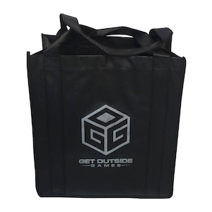 May include: Black reusable tote bag with a white logo that says "Get Outside Games" and a white 3D cube with the letters "GG" inside.