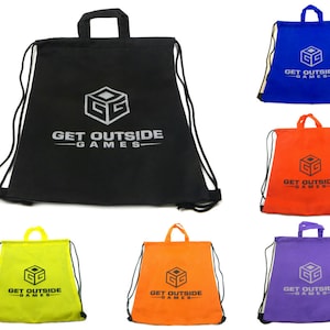 May include: Six drawstring bags in different colors, each with a logo that says "Get Outside Games" and a stylized cube graphic. The bags are black, blue, orange, yellow, purple, and green.