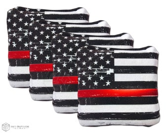 4 Distressed Thin Red Line Flag Premium Cornhole Bags | Corn or All Weather with Color Options