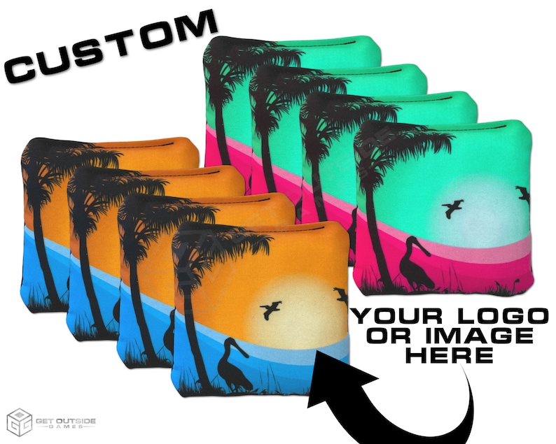May include: Six custom cornhole bags with a sunset and palm tree design. The bags are orange, yellow, blue, and green. The bags are arranged in a row with the text 'YOUR LOGO OR IMAGE HERE' below them. The text 'CUSTOM' is in the upper left corner of the image.