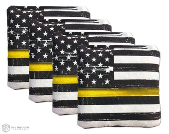 4 Distressed Thin Yellow Line Flag Premium Cornhole Bags | Corn or All Weather with Color Options