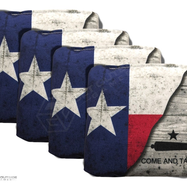 4 Texas Flag Distressed Split Come and Take It Wood Grain Premium Cornhole Bags | Corn or All Weather with Color Options