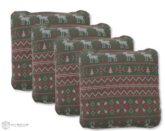 4 Red & Green Reindeer Ugly Sweater Premium Cornhole Bags | Corn or All Weather with Color Options