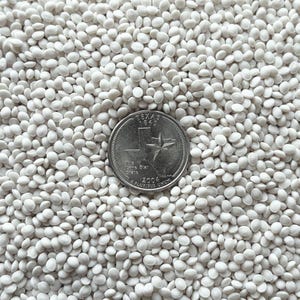 May include: Close-up of a quarter coin from 2004 with the state of Texas design, surrounded by a multitude of small, white, oval-shaped beads. The beads create a textured, granular background.