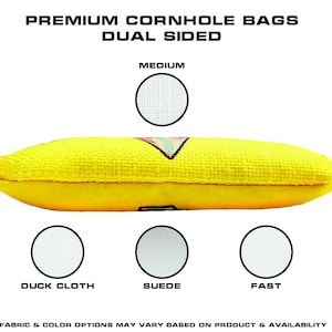 May include: A yellow cornhole bag with a rainbow design. The bag is shown from the side and is laying flat. The text 'PREMIUM CORNHOLE BAGS DUAL SIDED' is at the top of the image. Below the bag are three circles with the text 'DUCK CLOTH', 'SUEDE', and 'FAST' underneath each circle. The text 'MEDIUM' is above the bag. The text 'FABRIC & COLOR OPTIONS MAY VARY BASED ON PRODUCT & AVAILABILITY' is at the bottom of the image.