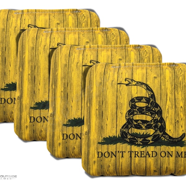 4 Yellow Don't Tread On Me Wood Grain Premium Cornhole Bags | Corn or All Weather with Color Options