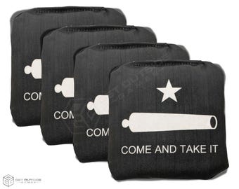 4 Black Wood Grain Come & Take It Premium Cornhole Bags | Corn or All Weather with Color Options