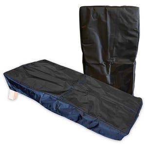 May include: Two black covers for a cornhole game set. The covers are made of a water-resistant material and are designed to protect the cornhole boards from the elements.