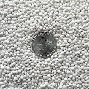 May include: Close-up of a quarter coin from 2004 with the Texas state outline and a star, surrounded by a multitude of small, white, oval-shaped beads. The beads create a textured, granular background.
