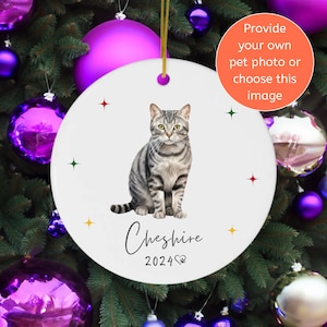 Personalized Photo Ornament Gray Tabby Cat Mom and Cat Daddy Gift, Ceramic Christmas Decoration, Gray Tabby Cat Owner, Animal Lover