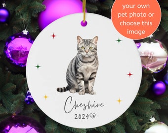 Personalized Photo Ornament Gray Tabby Cat Mom and Cat Daddy Gift, Ceramic Christmas Decoration, Gray Tabby Cat Owner, Animal Lover