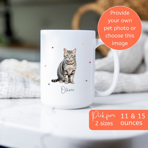 Personalized photo mug Gray Tabby cat mom gift, Custom 11  or 15 ounce ceramic coffee cup cat dad present, Cute tea cup for breakfast