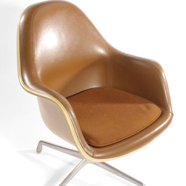 Herman Miller High Back Caramel Brown Loose Cushion Fiberglass Shell Arm Chair By Charles Eames
