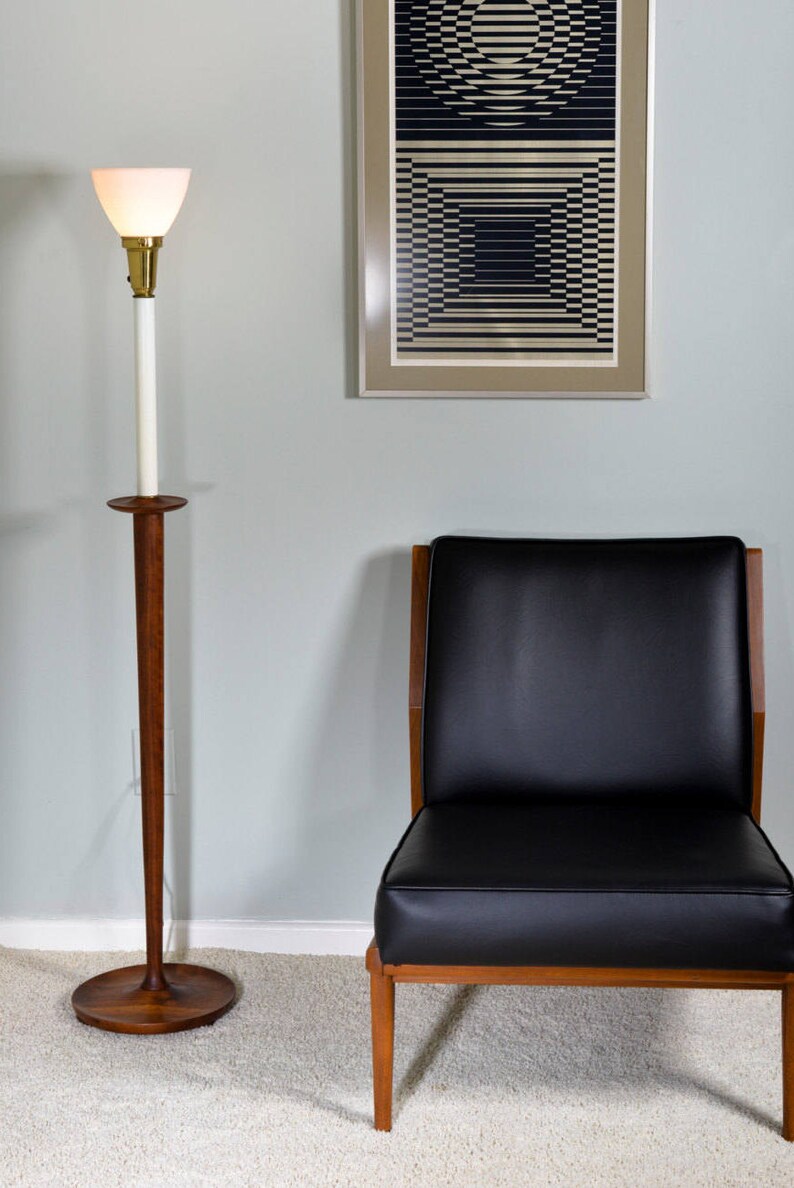 Vintage Mid Century Modern Danish Tapered Teak Laurel Floor Lamp Torchiere 3 Way Bulb