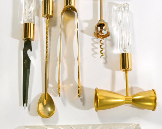 Vintage Lucite Acrylic and Brass Bar Tools Set Vintage Barware Utensils 5 Piece Set Withbase Etsy