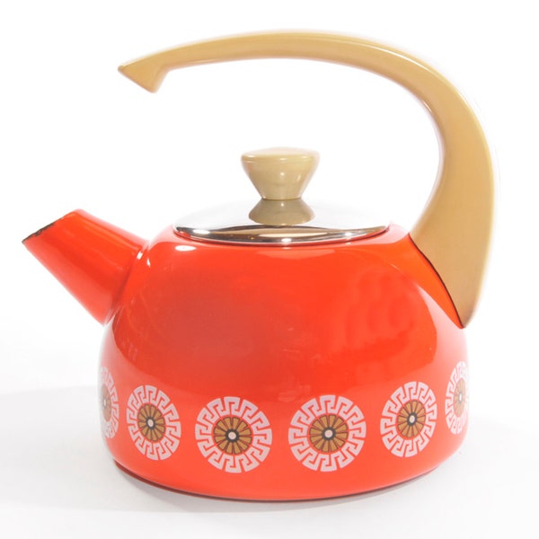 1960s Mid Century Modern Danish Modern Orange Enamel Teapot Kettle With Floral and Pinwheel Design Pattern