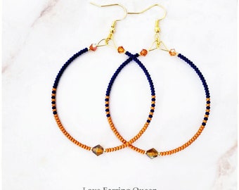 Gold Orange & Blue Seed Bead Hoop Earrings, Beaded Hoops, Seed Bead Hoops, Seed Bead Earrings, Clip-On Earrings, Mother's Day Gift