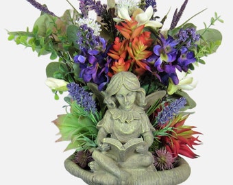 Spring Angel Fairy Colorful Floral Arrangement; Garden Birdbath Tabletop Flower Bouquet; Mother's Day Gift