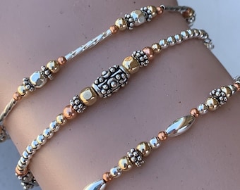 Silver, Copper & Gold Beaded Bracelets/Mixed Metals Bracelet/Tri Color Dainty Stackable Bracelet/Anklet/Ankle Braceletskimbajul/Kimbagirl/AZ