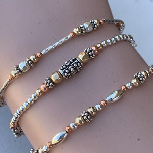 Silver, Copper & Gold Beaded Bracelets/Mixed Metals Bracelet/Tri Color Dainty Stackable Bracelet/Anklet/Ankle Braceletskimbajul/Kimbagirl/AZ