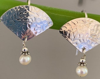 Silver Flower Embossed Sterling Silver Fan Shaped Earrings With Freshwater Pearl Dangle/Kimbajul/Kimba Jewelry/Handcrafted Arizona