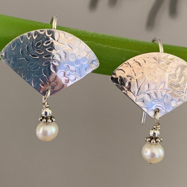 Silver Flower Embossed Sterling Silver Fan Shaped Earrings With Freshwater Pearl Dangle/Kimbajul/Kimba Jewelry/Handcrafted Arizona