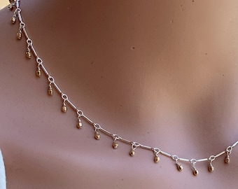Two-Tone Sterling Silver Dangle Necklace: Gold-Filled Bead Choker