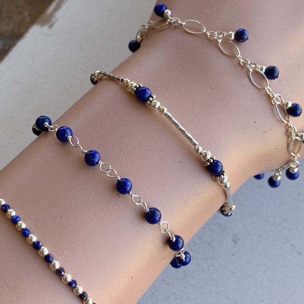 Lapis Lazuli Gemstone Beaded Bracelets/Dainty Navy Blue Stacking Bracelets/December Birthstone Gifts/Third Eye Chakra Stone/Kimbajul/Arizona