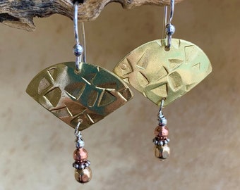 Fan Shape Brass Metal with Small Bead Dangle Earring/Brass Copper and Silver Fan Earrings/Silver Fan Earrings/ Copper Fan Earrings/Kimbajul