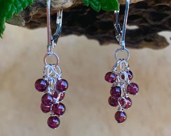 Sterling Silver Garnet Grape Cluster Dangle Earrings