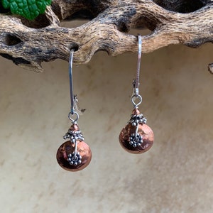 Dainty Copper Disk Earrings: Sterling Silver Lever Backs, Oxidized Silver Accents