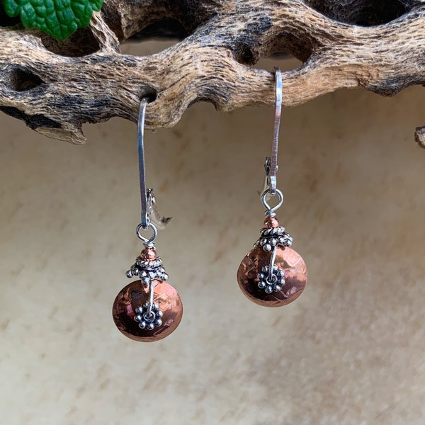 Petite Copper and Silver Disk Earrings/ Dainty Copper Earrings/ Mixed Metal Earrings/Small Round Copper Earrings/Kimbajul