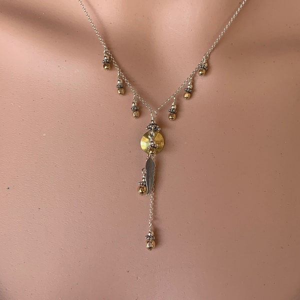 Two Tone Delicate Dangling Necklace/Feather Dangle Necklace/Silver Gold And Copper Dainty Chain Necklace/Kimbajul/Kimba/Handcrafted