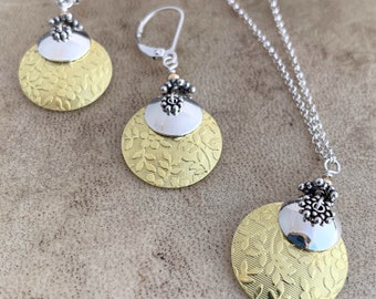 Two-Tone Disk Jewelry Set: Flower Embossed Brass, Sterling Silver Chain