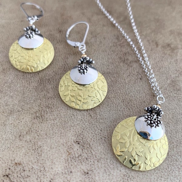 Silver and Gold Layered Disk Earring and Pendant Set/Two Tone Jewelry/Flower Embossed Brass Earrings/Kimbajul/Kimba Handcrafted/Arizona