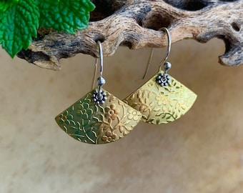 Brass Fan Shaped Earrings/Flower Embossed Gold Brass Dangling Earrings/Mixed Metals Earrings /Kimbajul/Kimba Jewelry