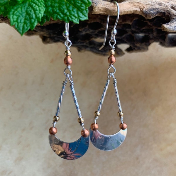 Silver,Copper and Gold Swinging Earrings /Crescent Shaped Mixed Metal Dangling Earrings/Tri Color Earrings/Two Tone Earrings/Kimbajul/Kimba