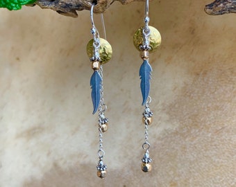 Sterling Silver Feather Dangle Earrings: Mixed Metal Chain, Lightweight