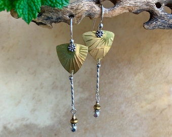 Gold and Silver Dangle Drop Earrings/Brass Triangle and Silver Twist Bead Dancing Earrings/Two Tone/Embossed Brass Long Earrings/Kimbajul