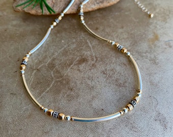 Silver & Gold Beaded Choker Necklace/Two Tone Sterling And Gold Everyday Chain Necklace/Bent Tube Bead Choker/Layering Choker/Kimbajul