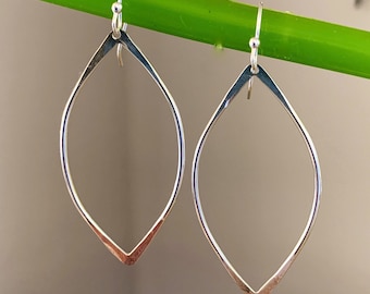 Large Sterling Silver Lotus Leaf Hoop Earrings: Lightweight Oval Marquise Hoops